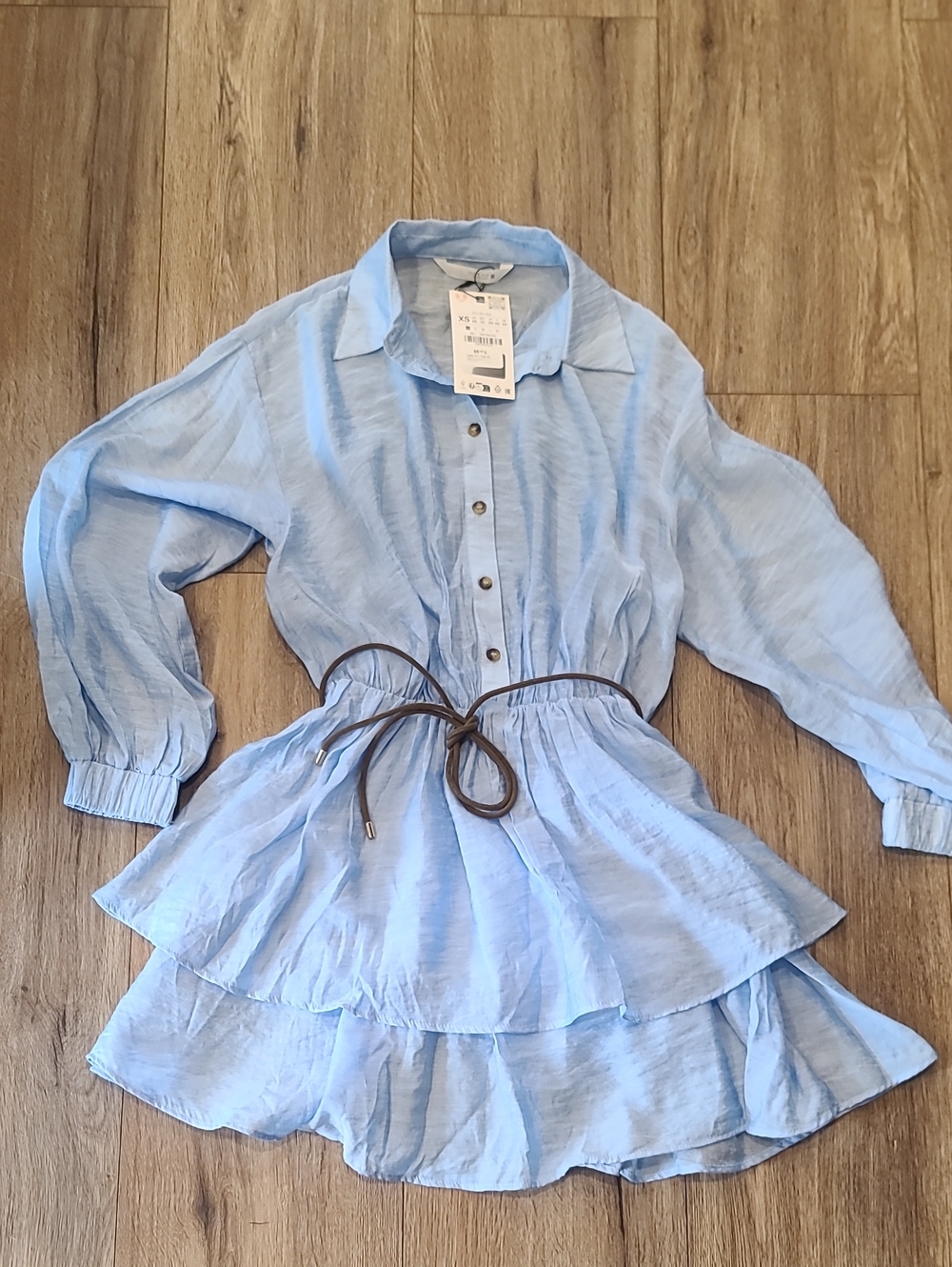 NWT Zara Light Blue Tiered Mini Shirt Dress Belted XS Flaw